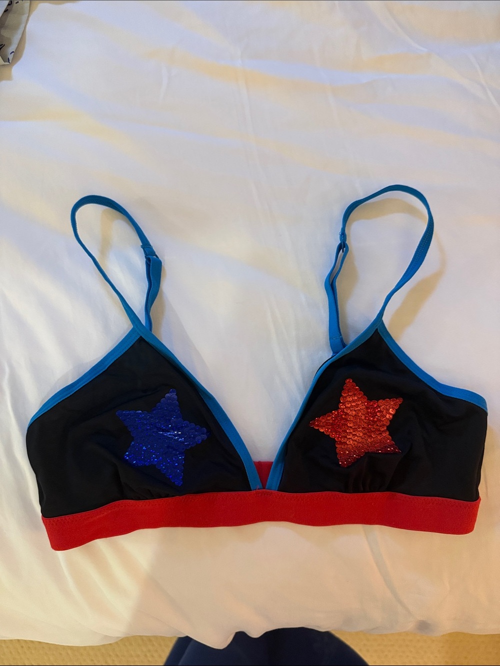 City Streets Black Bra with Red Band and Blue Trim, Red & Blue Sequin Stars